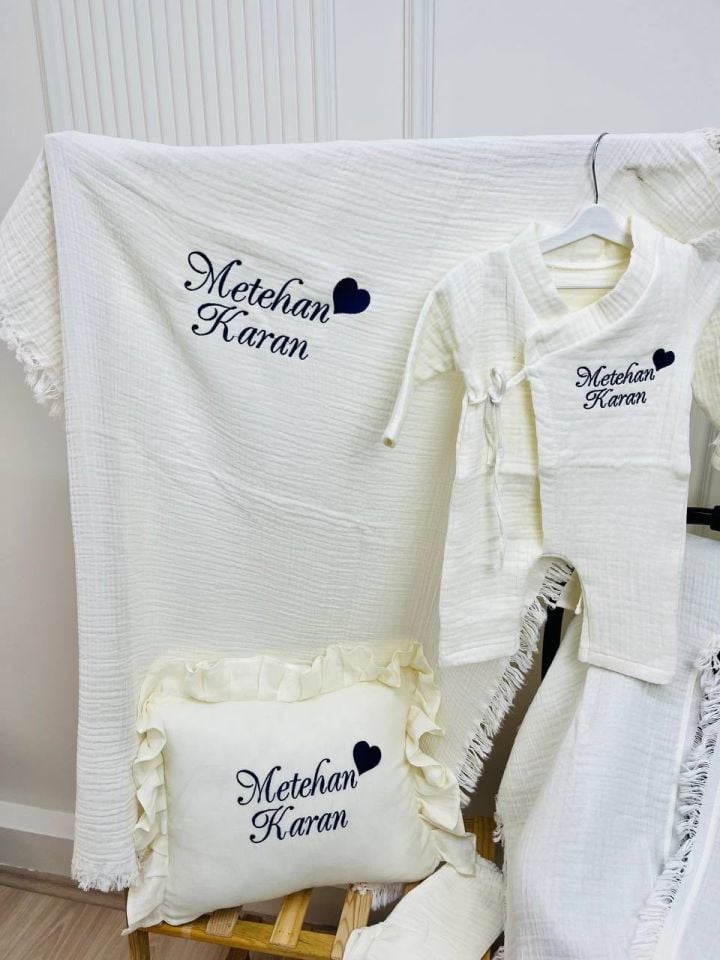 İsme Özel Nakış İşlemeli 4katlı Müslin Hastane Çıkışı