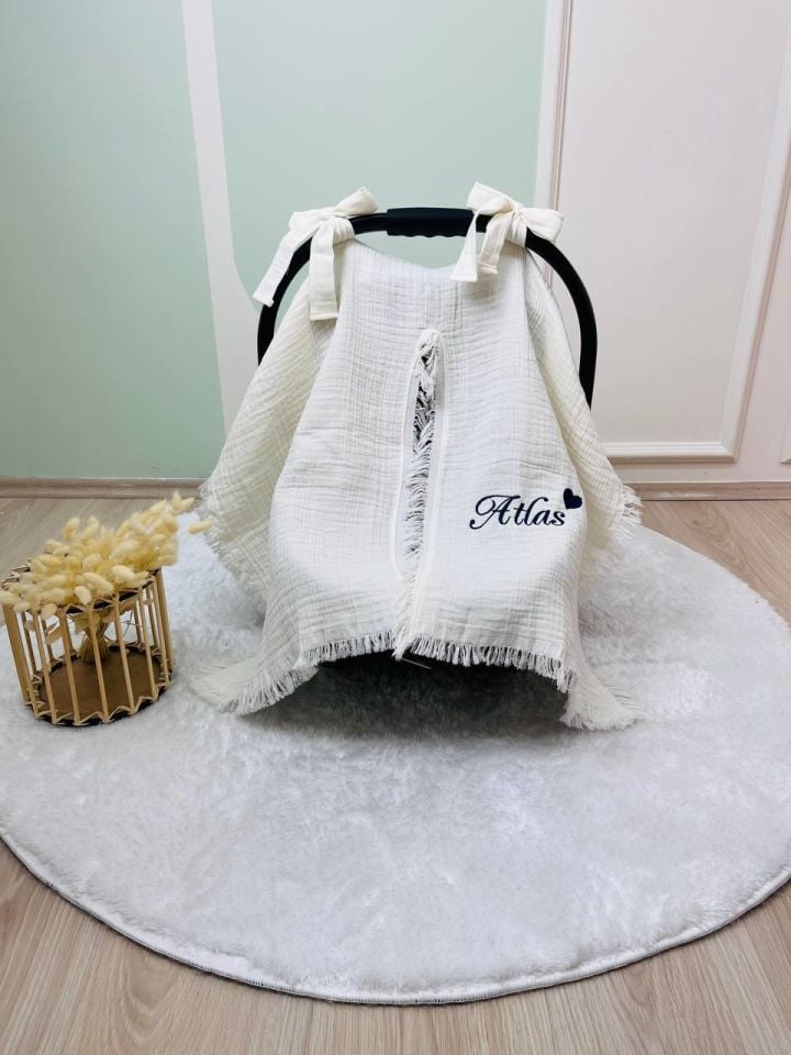 İsme Özel Nakış İşlemeli 4katlı Müslin Puset Örtüsü