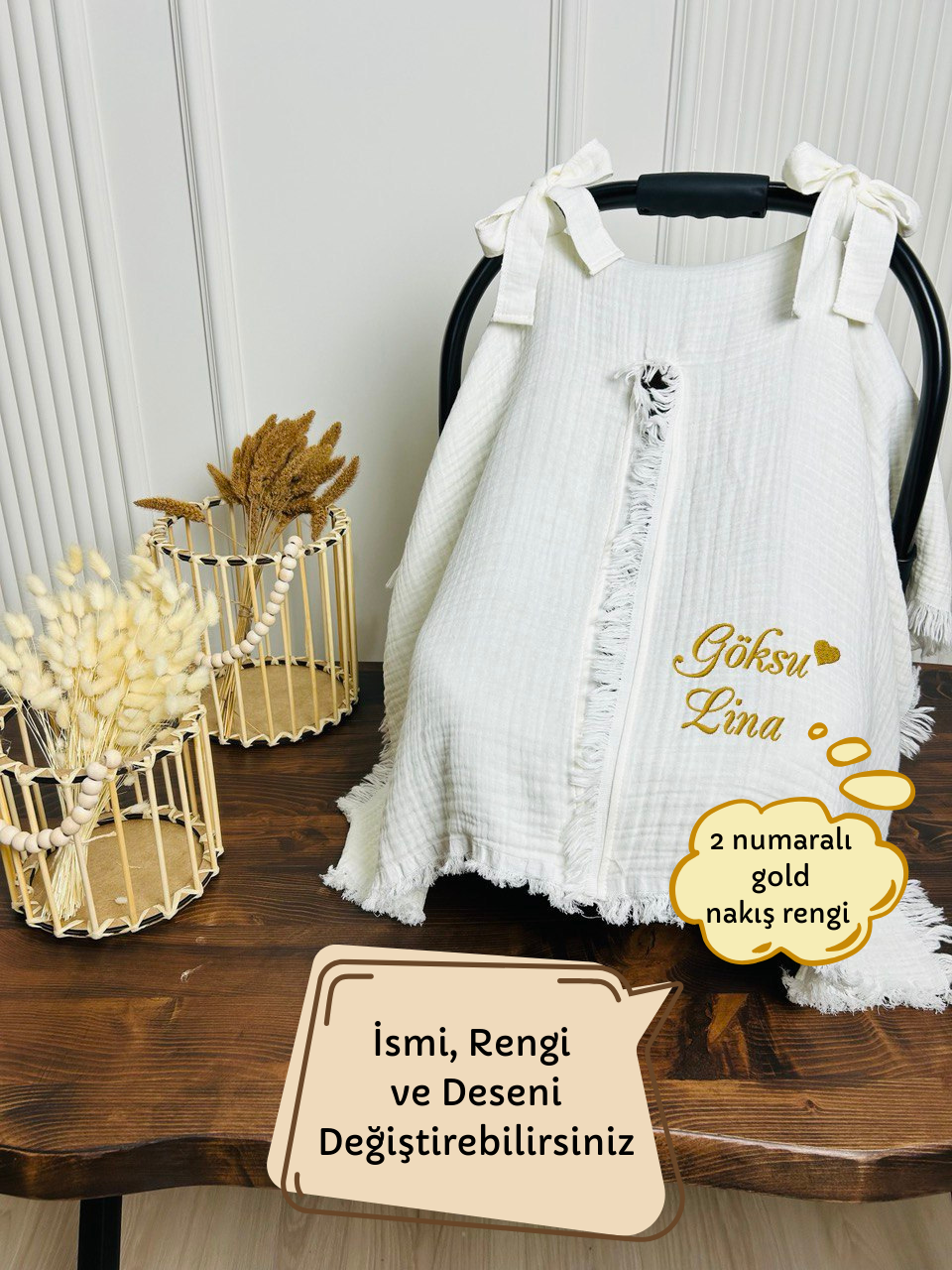 İsme Özel Nakış İşlemeli 4katlı Müslin Puset Örtüsü