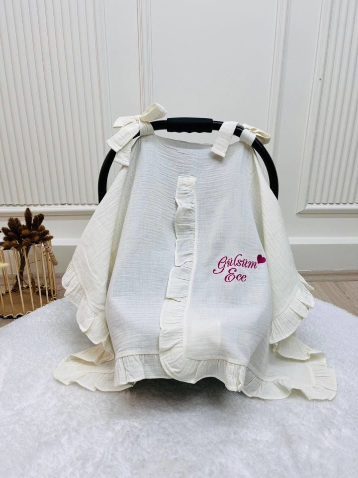 İsme Özel Nakış İşlemeli 4katlı Müslin Puset Örtüsü