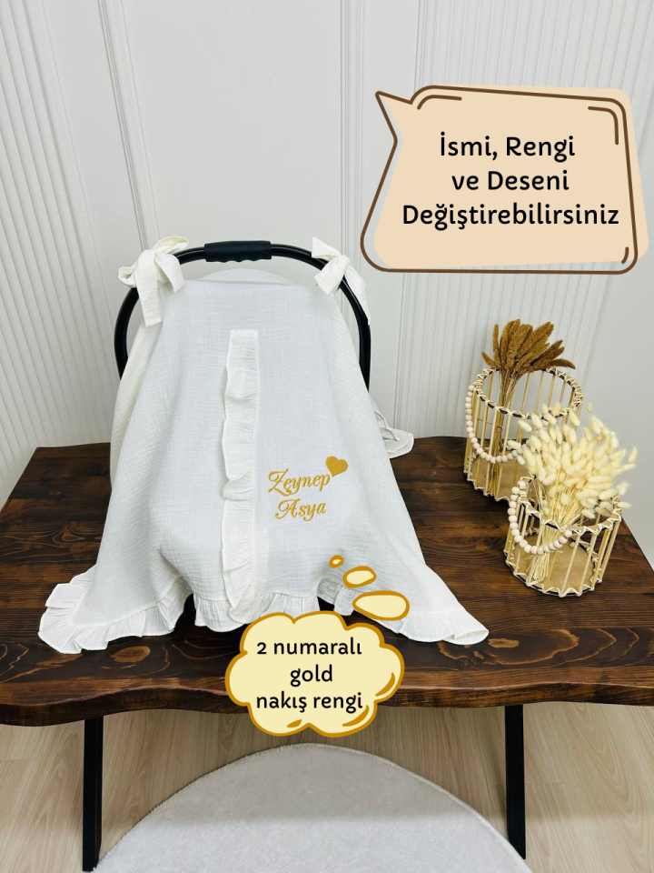 İsme Özel Nakış İşlemeli 4katlı Müslin Puset Örtüsü