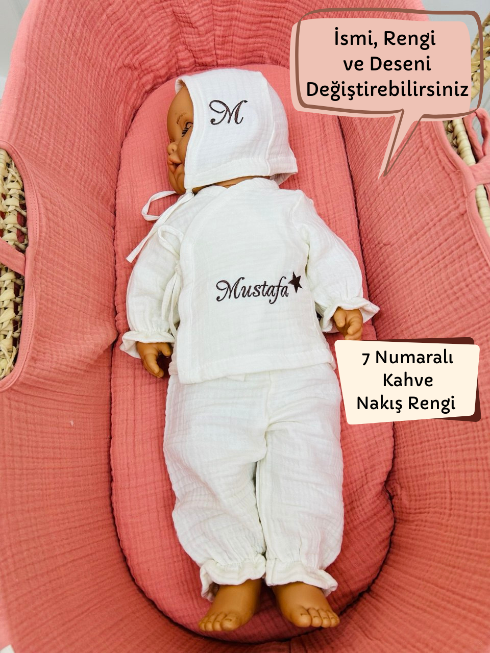 4 Katlı Müslin İsimli Hastane Çıkışı Zıbın Pijama ve Şapka