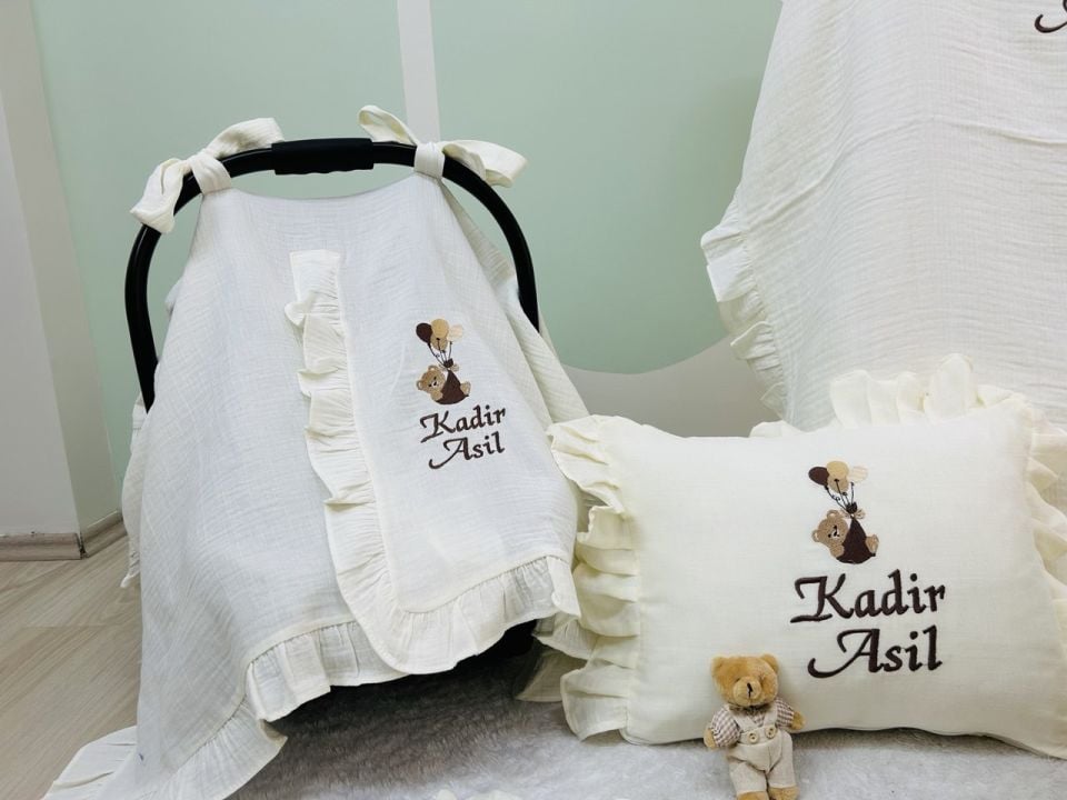 İsme Özel 4 Kat Müslin Hastane Çıkış Seti Ve Puset Örtüsü