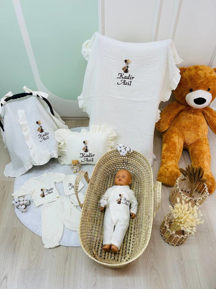 İsme Özel 4 Kat Müslin Hastane Çıkış Seti Ve Puset Örtüsü