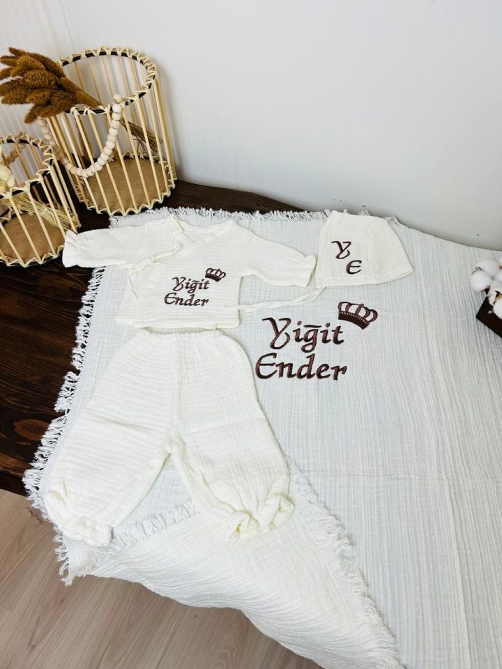 İsme Özel Nakış İşlemeli 4katlı Müslin Hastane Çıkışı