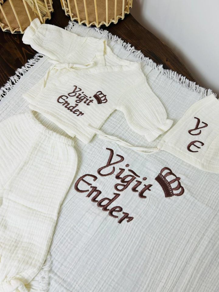 İsme Özel Nakış İşlemeli 4katlı Müslin Hastane Çıkışı