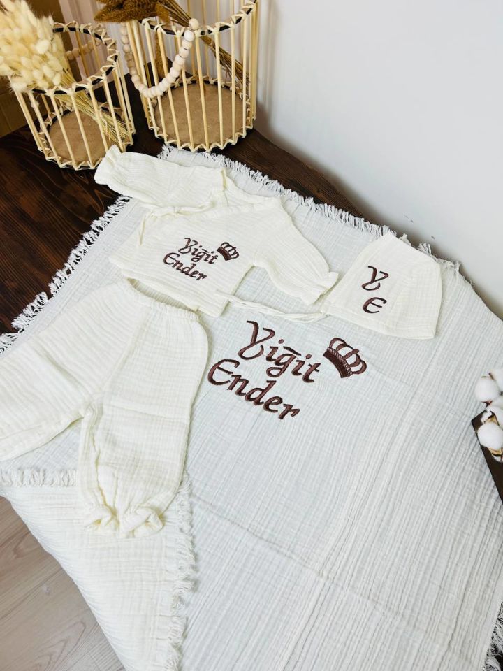 İsme Özel Nakış İşlemeli 4katlı Müslin Hastane Çıkışı