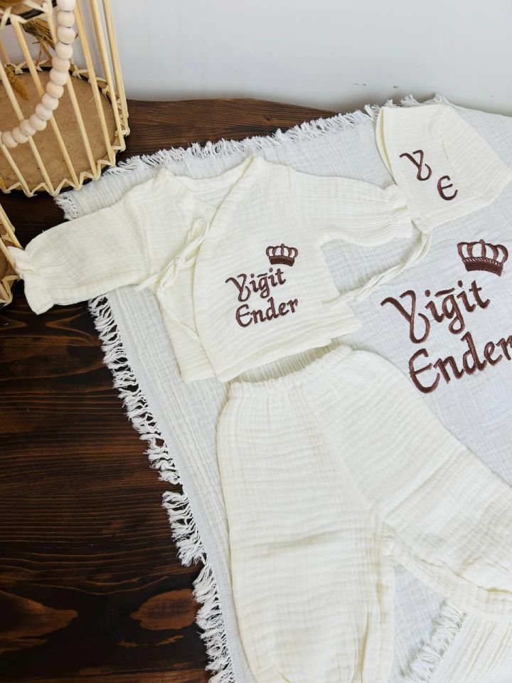 İsme Özel Nakış İşlemeli 4katlı Müslin Hastane Çıkışı