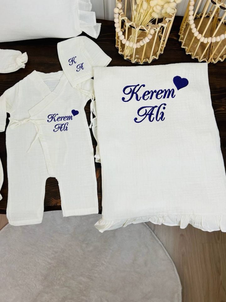 İsme Özel Nakış İşlemeli 4katlı Müslin Hastane Çıkışı