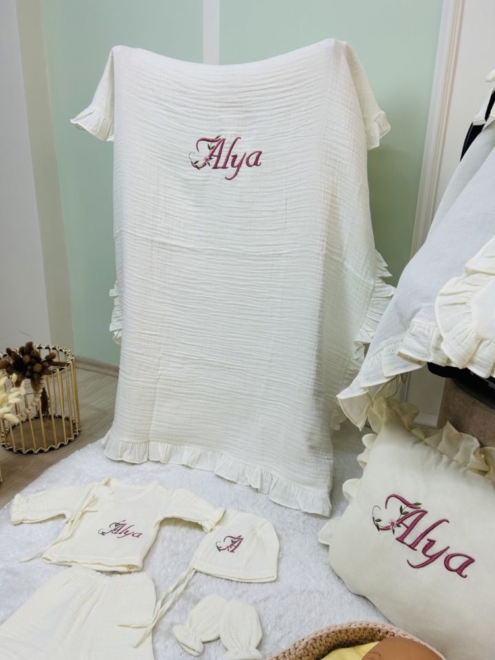 İsme Özel Nakış İşlemeli 4katlı Müslin Hastane Çıkışı