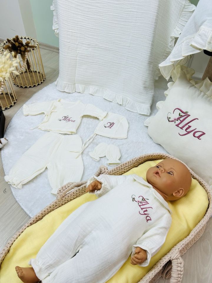 İsme Özel Nakış İşlemeli 4katlı Müslin Hastane Çıkışı