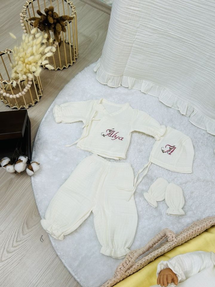 İsme Özel Nakış İşlemeli 4katlı Müslin Hastane Çıkışı