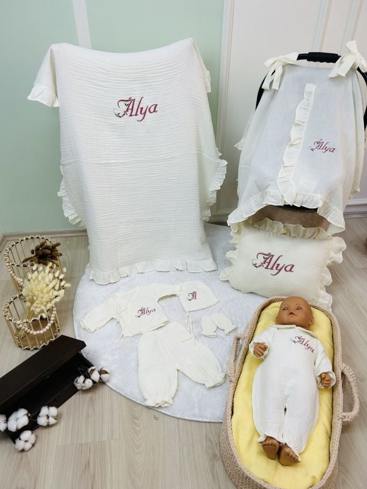 İsme Özel Nakış İşlemeli 4katlı Müslin Hastane Çıkışı