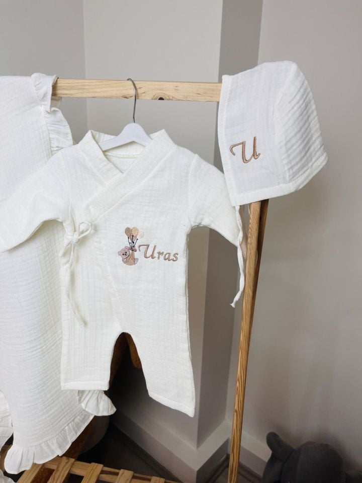 İsme Özel Nakış İşlemeli 4katlı Müslin Hastane Çıkışı