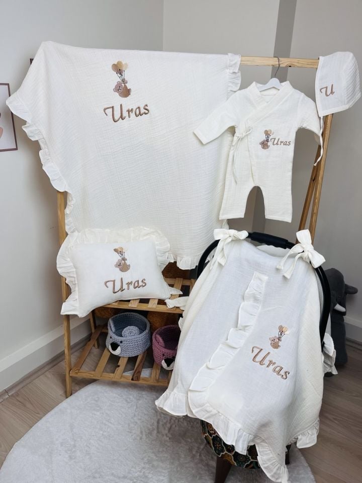 İsme Özel Nakış İşlemeli 4katlı Müslin Hastane Çıkışı