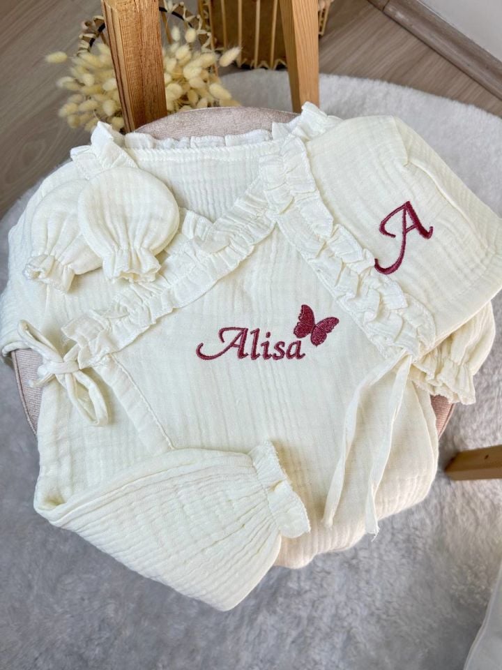 İsme Özel Nakış İşlemeli 4katlı Müslin Tulum Şapka