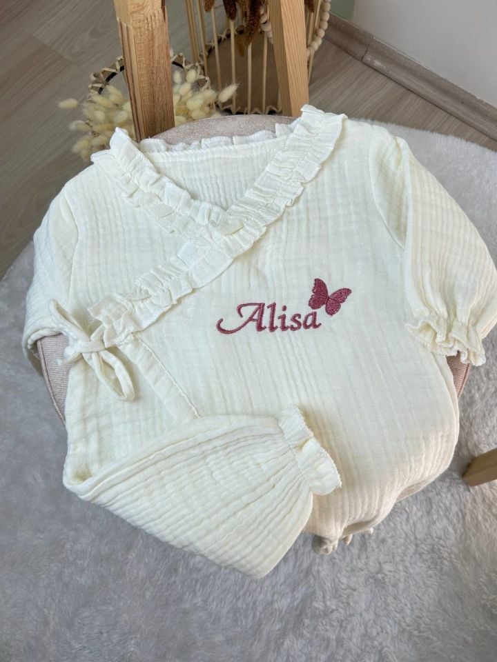 İsme Özel Nakış İşlemeli 4katlı Müslin Tulum Şapka