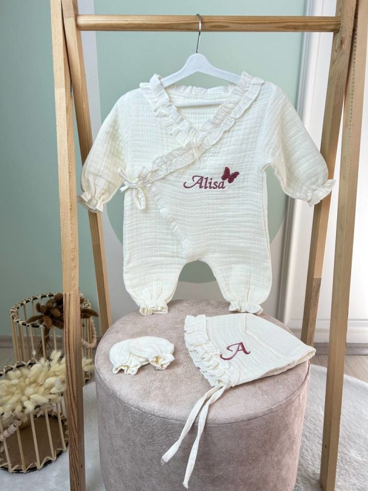 İsme Özel Nakış İşlemeli 4katlı Müslin Tulum Şapka