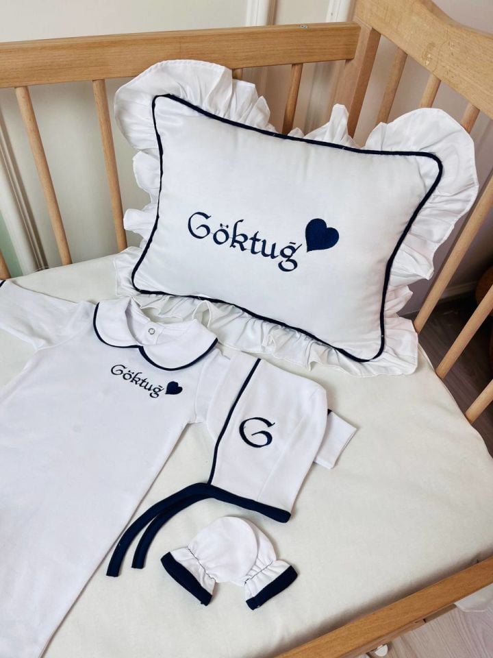 Lacivert Kalp Desenli Nakışlı Dört Parça Hastane Çıkışı