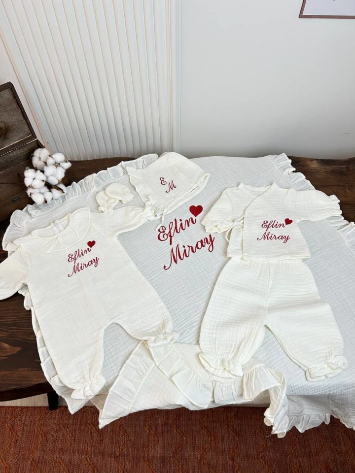 İsme Özel Nakış İşlemeli 4katlı Müslin Hastane Çıkışı