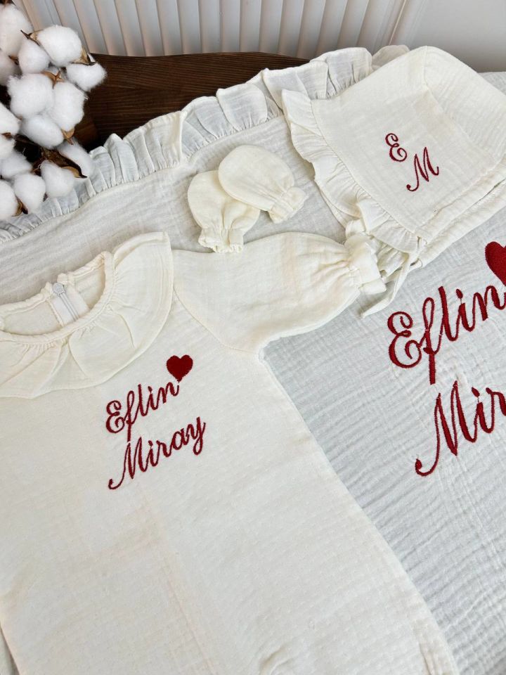 İsme Özel Nakış İşlemeli 4katlı Müslin Hastane Çıkışı