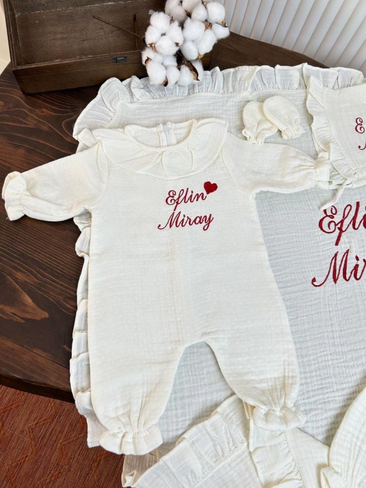 İsme Özel Nakış İşlemeli 4katlı Müslin Hastane Çıkışı