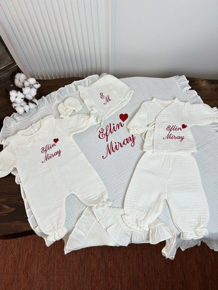 İsme Özel Nakış İşlemeli 4katlı Müslin Hastane Çıkışı