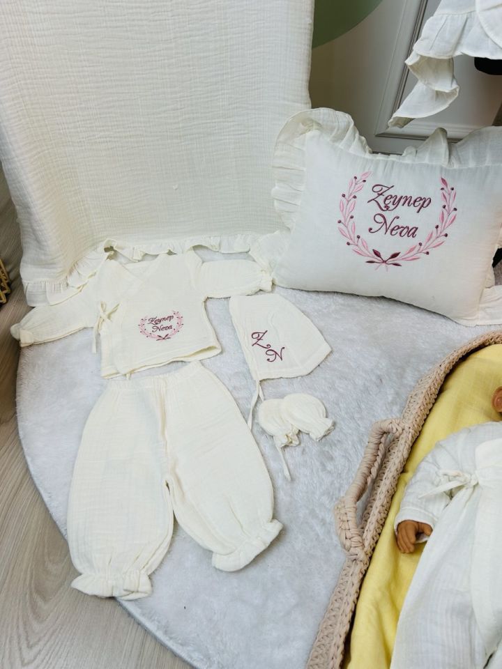 İsme Özel Nakış İşlemeli 4katlı Müslin Hastane Çıkışı