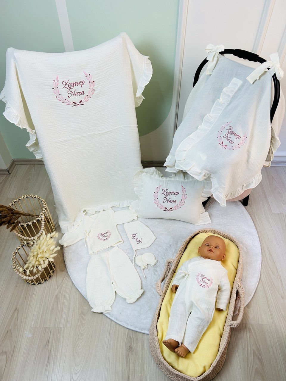 İsme Özel Nakış İşlemeli 4katlı Müslin Hastane Çıkışı