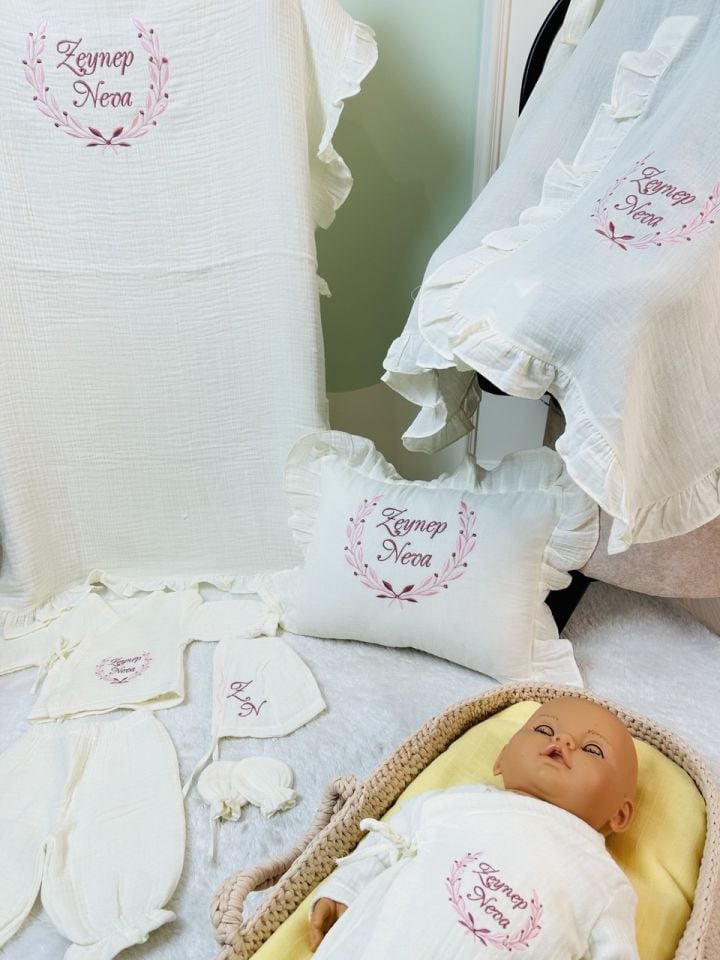 İsme Özel Nakış İşlemeli 4katlı Müslin Hastane Çıkışı