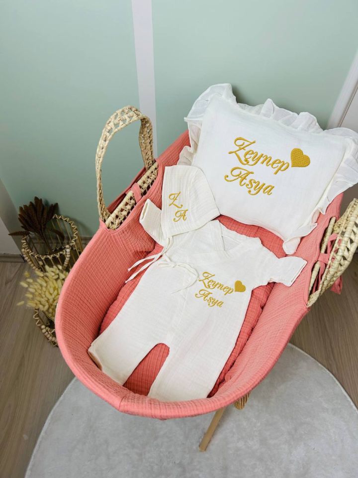 İsme Özel Nakış İşlemeli 4katlı Müslin Hastane Çıkışı