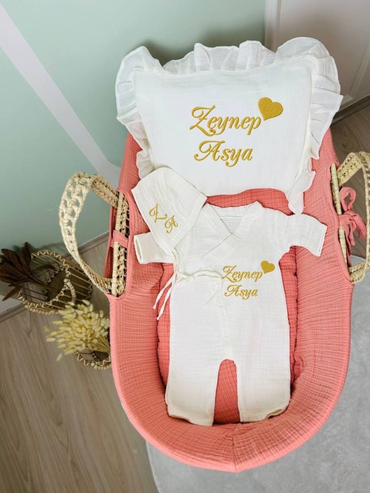 İsme Özel Nakış İşlemeli 4katlı Müslin Hastane Çıkışı