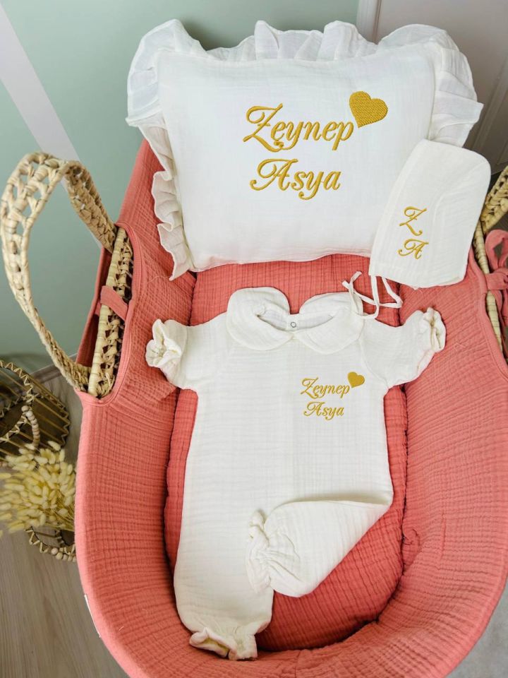 İsme Özel Nakış İşlemeli 4katlı Müslin Hastane Çıkışı