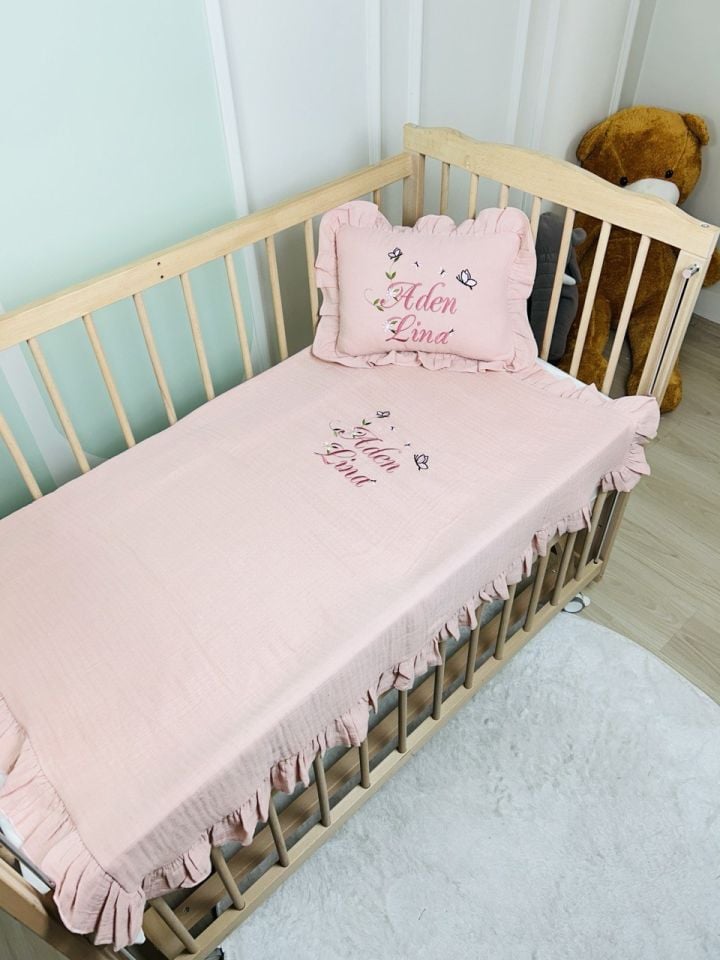 4 Katlı Müslin Battaniye ve Takı Yastığı Kılıfı