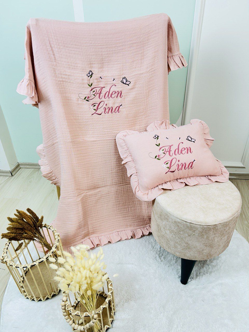 4 Katlı Müslin Battaniye ve Takı Yastığı Kılıfı