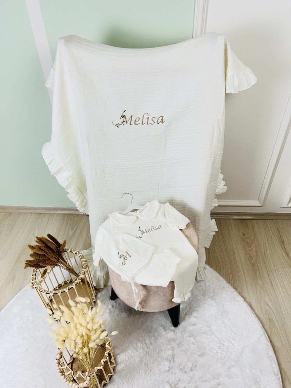 İsme Özel Nakış İşlemeli 4katlı Müslin