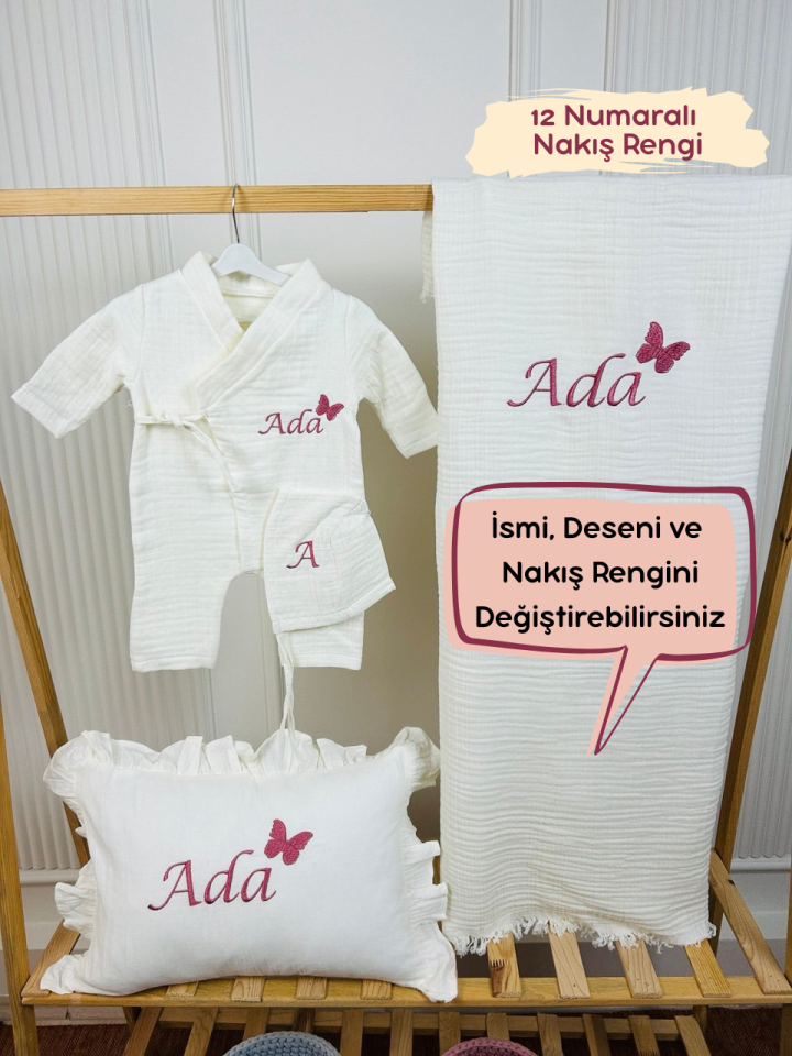 İsme Özel Nakış İşlemeli 4katlı Müslin Hastane Çıkışı