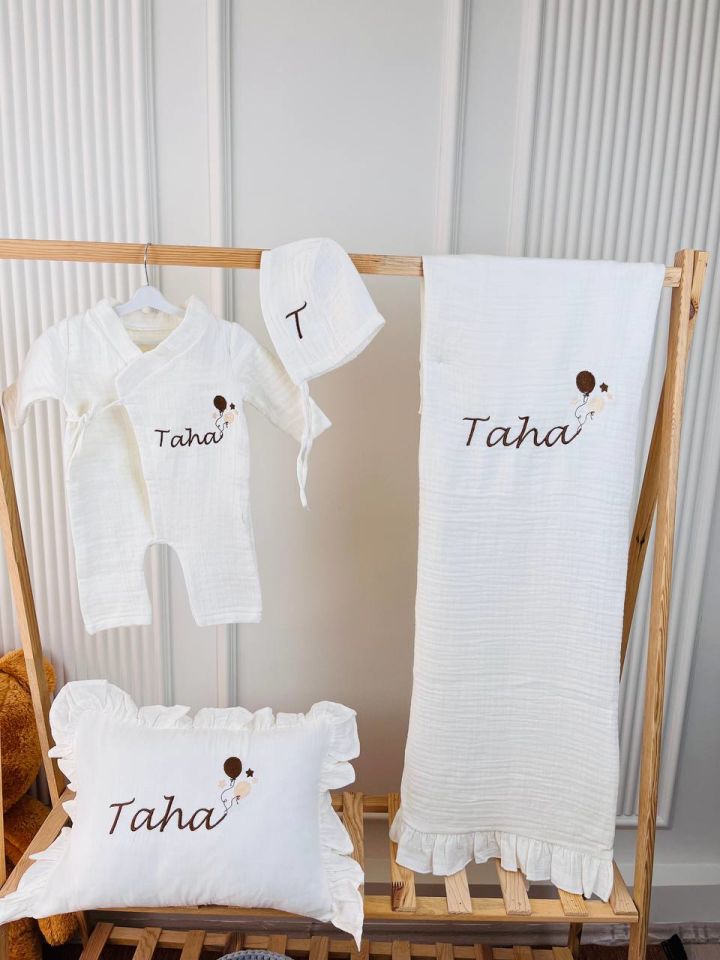 İsme Özel Nakış İşlemeli 4katlı Müslin Hastane Çıkışı