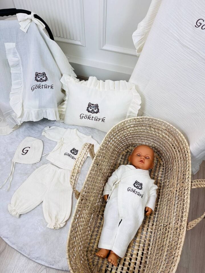 İsme Özel Nakış İşlemeli 4katlı Müslin Hastane Çıkışı