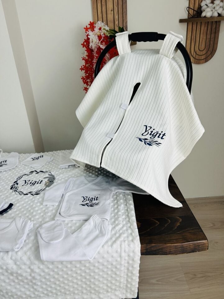 İsme Özel Tavşan Desen Nakışlı Hastane Çıkış Seti Ve Puset Ötrüsü