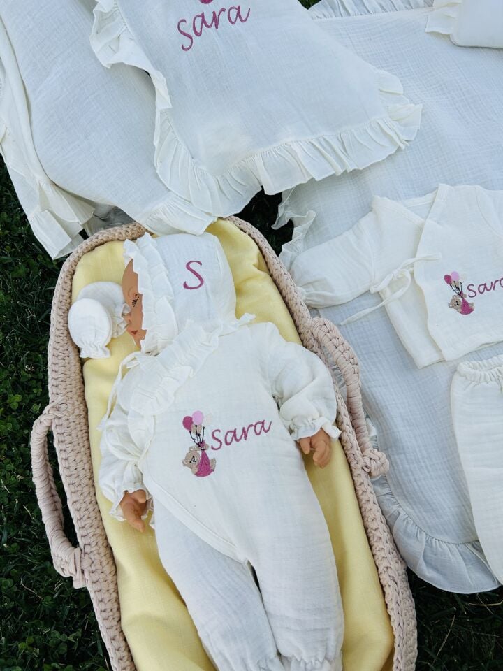 İsme Özel Nakış İşlemeli 4katlı Müslin Hastane Çıkışı