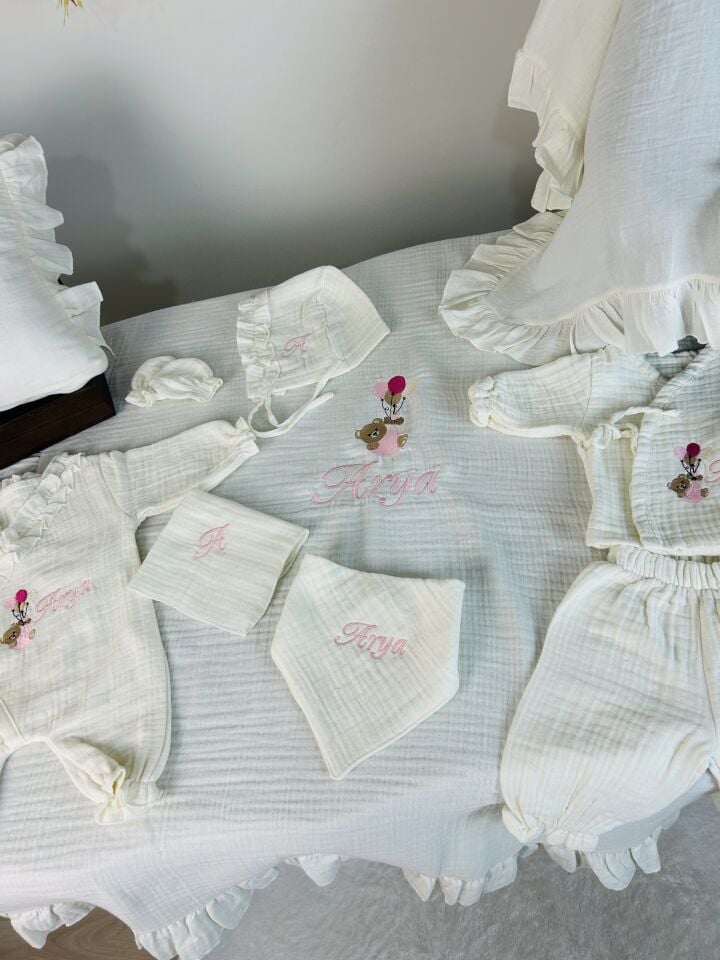 İsme Özel Nakış İşlemeli 4katlı Müslin Hastane Çıkışı