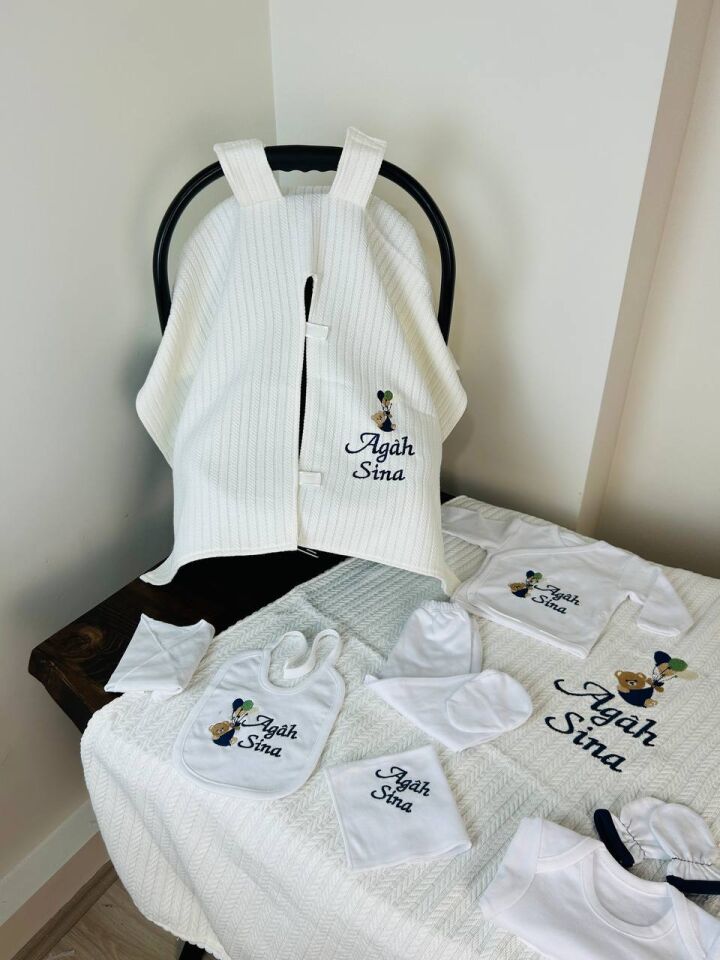 İsme Özel Desen Nakışlı Hastane Çıkış Seti Ve Puset Ötrüsü