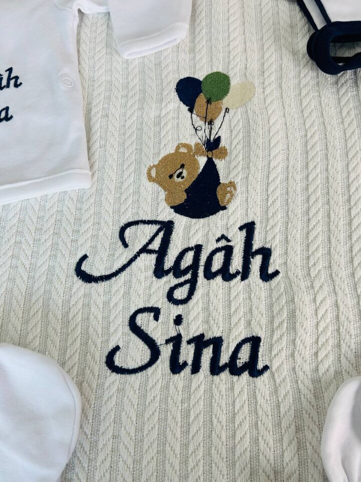 İsme Özel Desen Nakışlı Hastane Çıkış Seti Ve Puset Ötrüsü