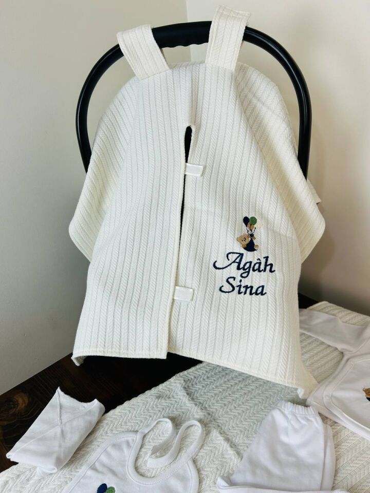 İsme Özel Desen Nakışlı Hastane Çıkış Seti Ve Puset Ötrüsü