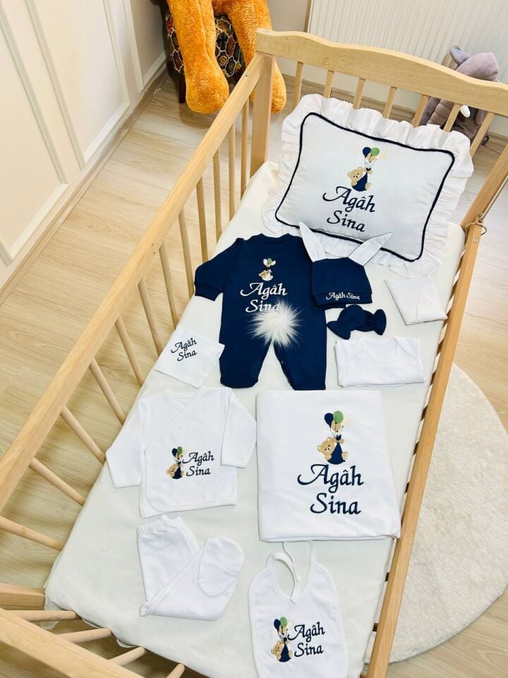 İsme Özel Ayıcık Desen Nakışlı Hastane Çıkış Seti