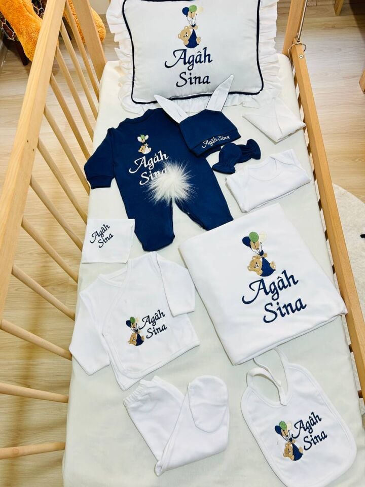 İsme Özel Ayıcık Desen Nakışlı Hastane Çıkış Seti