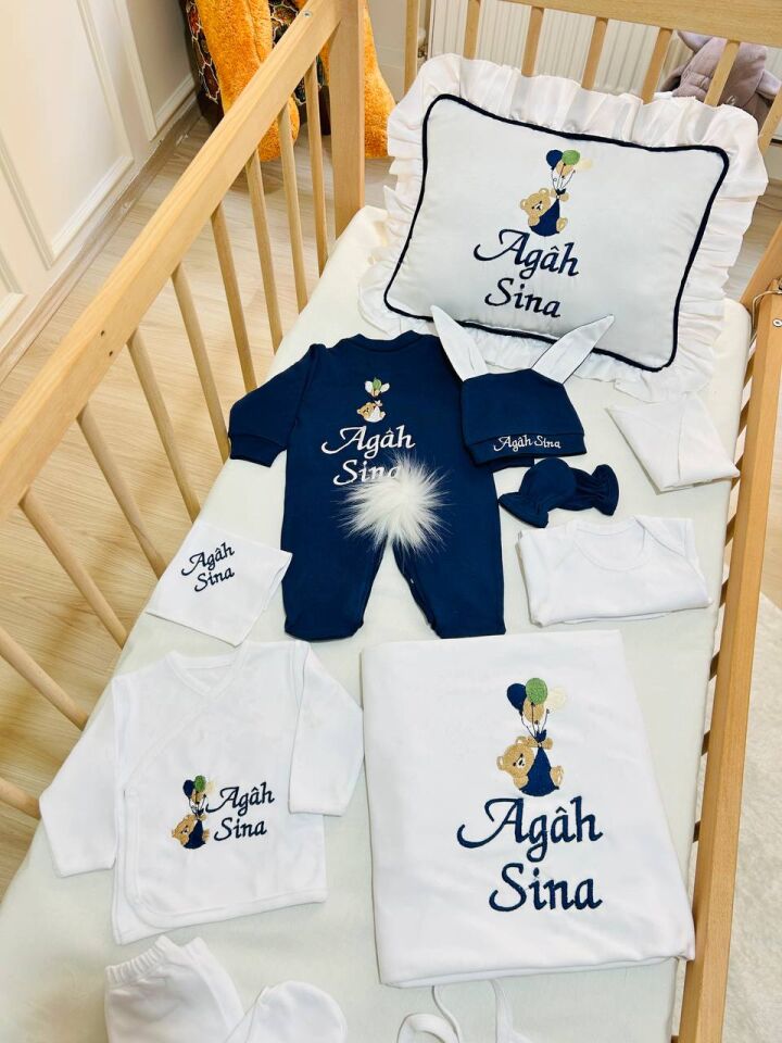 İsme Özel Ayıcık Desen Nakışlı Hastane Çıkış Seti