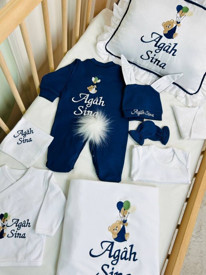 İsme Özel Ayıcık Desen Nakışlı Hastane Çıkış Seti