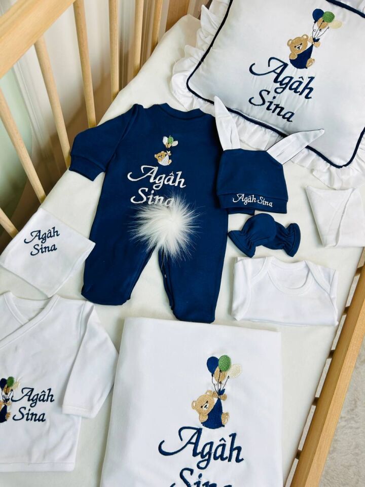 İsme Özel Ayıcık Desen Nakışlı Hastane Çıkış Seti